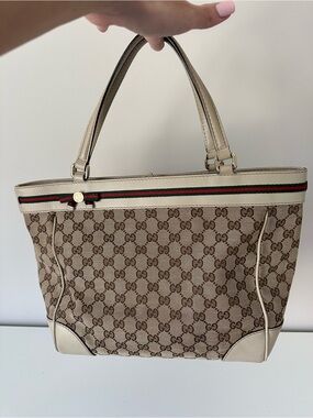 Gucci Beige Monogram Tote with Red and Green Web Stripe
